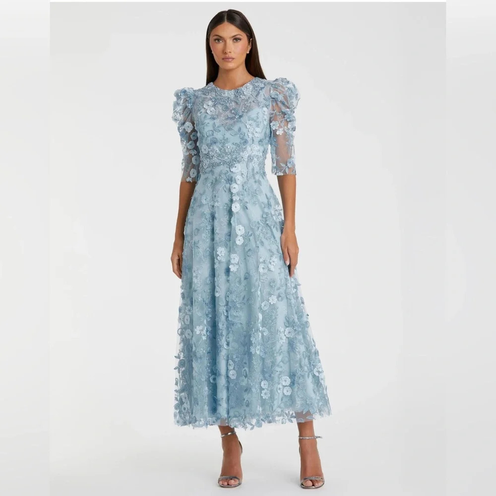 MAC DUGGAL Applique High Neck Puff Sleeve A Line Dress NWT